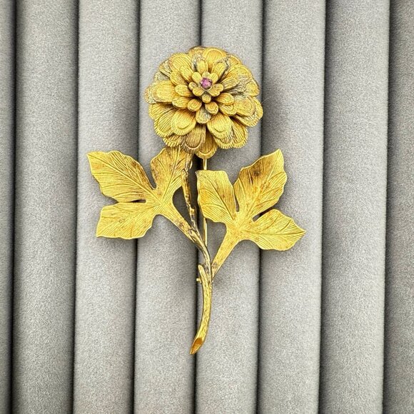 Vendome Brooch Sterling Silver Gold Vermeil Flower Floral Red Signed 3" Pin - Picture 1 of 12